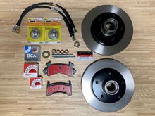 Brake Pads $40.24, Brake Hoses $9.70, Caliper Pins $2.03, Brake Hardware Kit $2.28, Wheel Seals $4.45, Wheel Bearings (Inner Front) $13.94, Wheel Bearings (Outer Rear) $9.86, Wheel Bearings Dust Cap $6.37, Spindle Nuts $7.14, Rotors $142.86