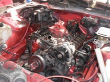 350 in... Engine bay painted but dirty as well as block from other work. Not final piant job for engine bay, just for now. Plan to finish cleaning out bay when I drop the 383