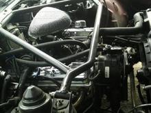 350 bored .40 over w/ flat top pistons, stock crank and rods,  summit .442/.465 cam, Stock center bolt heads, Offenhauser Port-o-Sonic intake with edelbrock 1407 carb. Stock ignition.