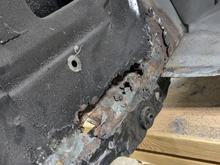 While getting into this area of the floor pan, I knew the rockers had been eaten away but did not realize it was this bad.  But it was easily fixed with the fresh donor pan.