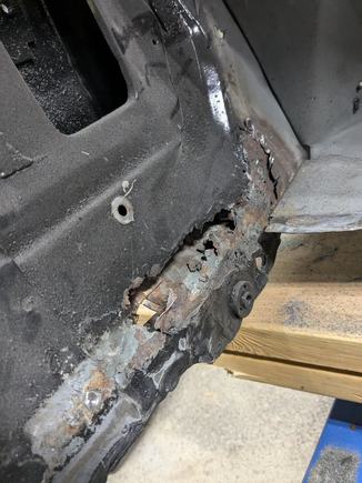 While getting into this area of the floor pan, I knew the rockers had been eaten away but did not realize it was this bad.  But it was easily fixed with the fresh donor pan.