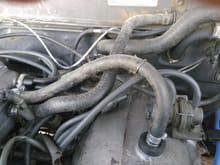 Pcv valve, upper. Brake booster, lower. Heater hoses into firewall.