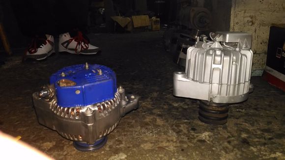 Toyota stock alternator on left.  Sealed military alternator on right.