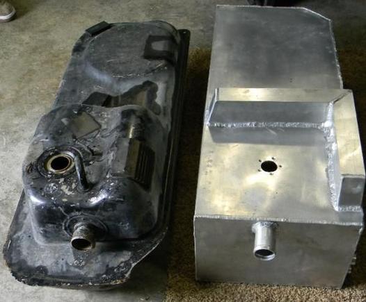 Filler side of old tank vs new.  Top "L" shape fits against spare tire drop down and the inside of the frame rail to locate the tank similar to stock location.  The guy welding the tank didn't follow my design so the new tank actually sits 2" further rearward, but it will still work.