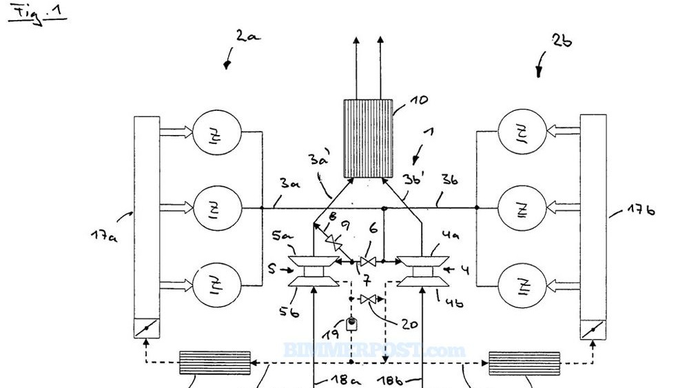 BMW patent schematic of V-6 twin-turbo engine