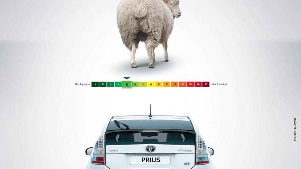 2010 Toyota Prius ad comparing its emissions to those of a sheep (cropped)