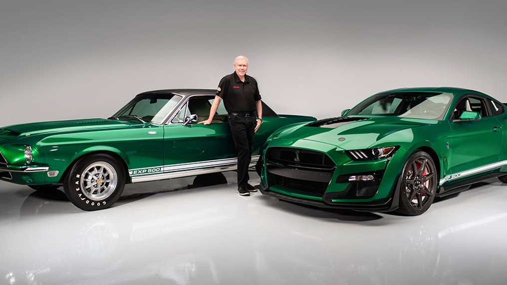 2020 Ford Mustang Shelby GT500 with VIN ending in 001 and the original Shelby “Green Hornet”