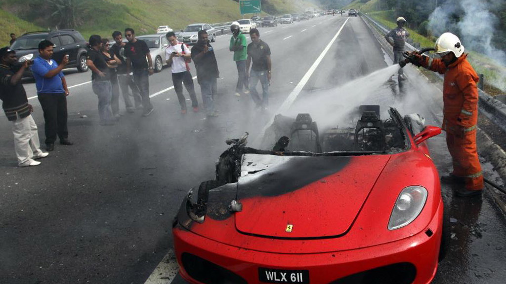 Burnt out wreck of a Ferrari F430 that went up in flames in Malaysia