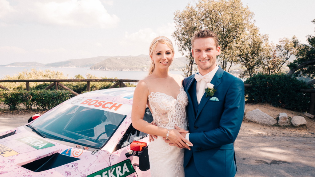 Marco Engel and his wife Steffi drove away from their wedding in a Mercedes-Benz DTM race car