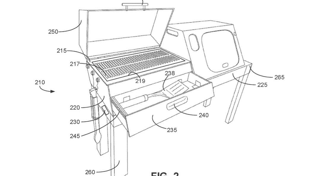 Patent image of a Rivian camp kitchen with grill