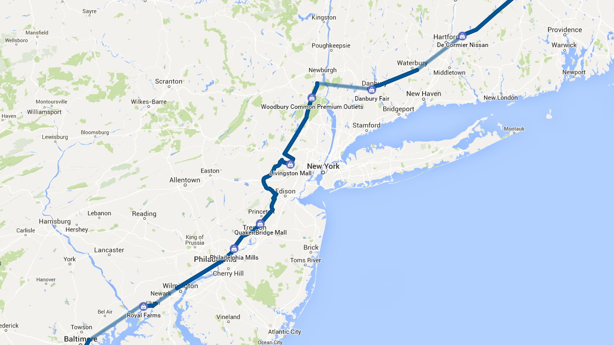 Route from Boston to Silver Spring, Maryland  [graphic: John Briggs]
