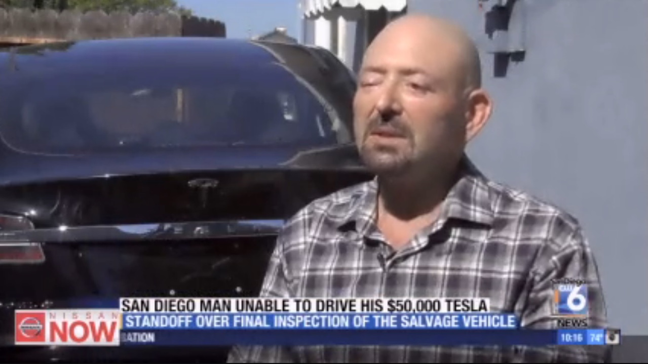 Peter Rutman, who bought a wrecked Tesla Model S salvage car  [frame from San Diego 6 The CW]