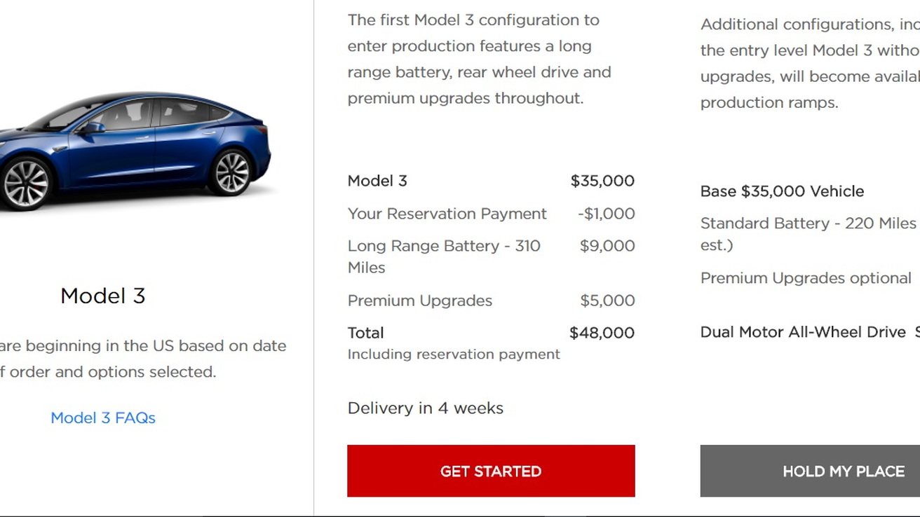 2017 Tesla Model 3 electric car online configurator