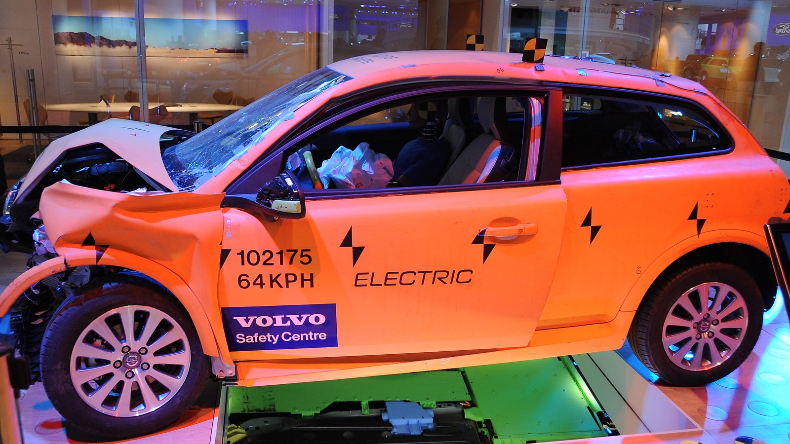 Volvo C30 electric car after crash testing. Photo by Joe Nuxoll.