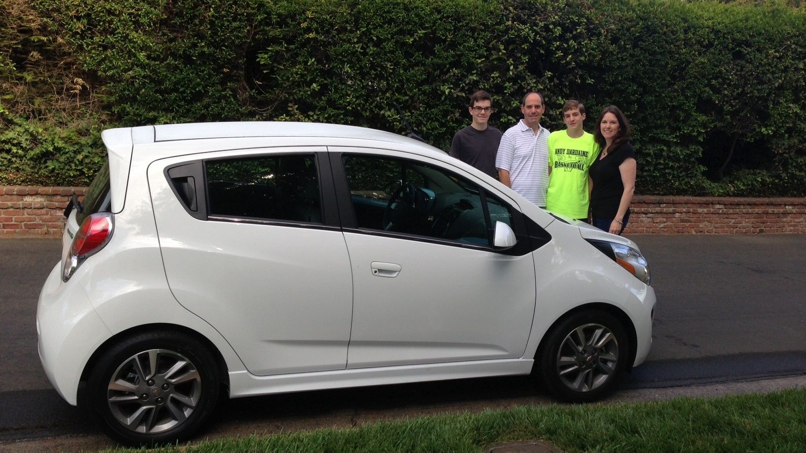 Alex, Rick, David & Christine Prell with new 2014 Chevrolet Spark EV, Studio City, CA