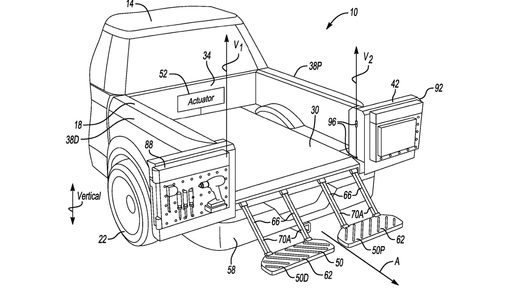 Patent image of Ford deployable bed step and extendable bed floor