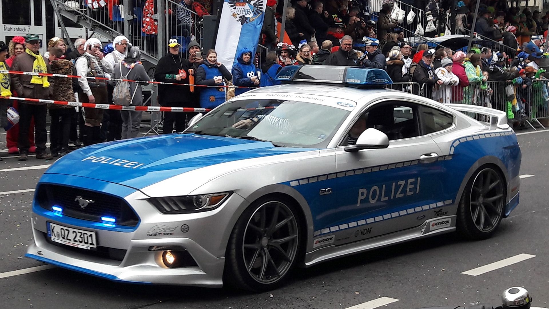 Tune it! Safe! 2017 Ford Mustang GT police car at 2017 Cologne Carnival parade