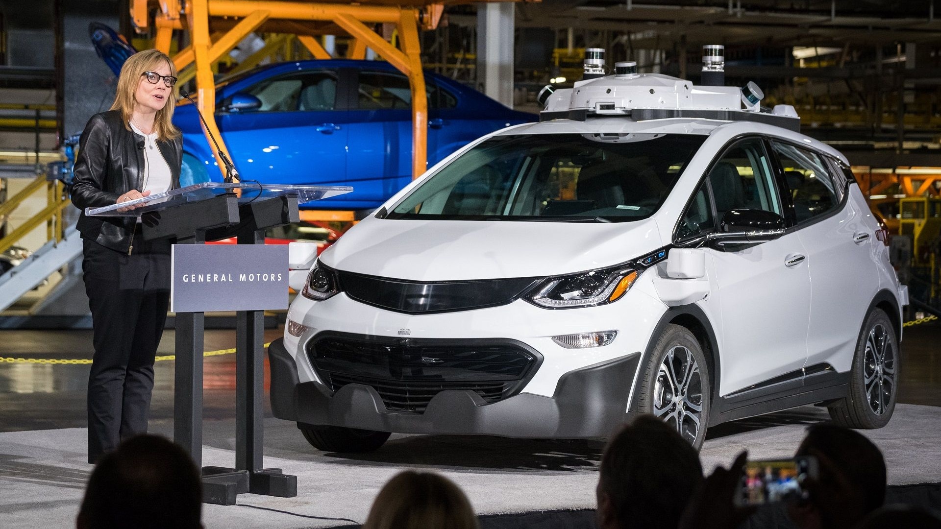 One of 130 second-generation self-driving Chevrolet Bolt EV electric cars, with GM CEO Mary Barra