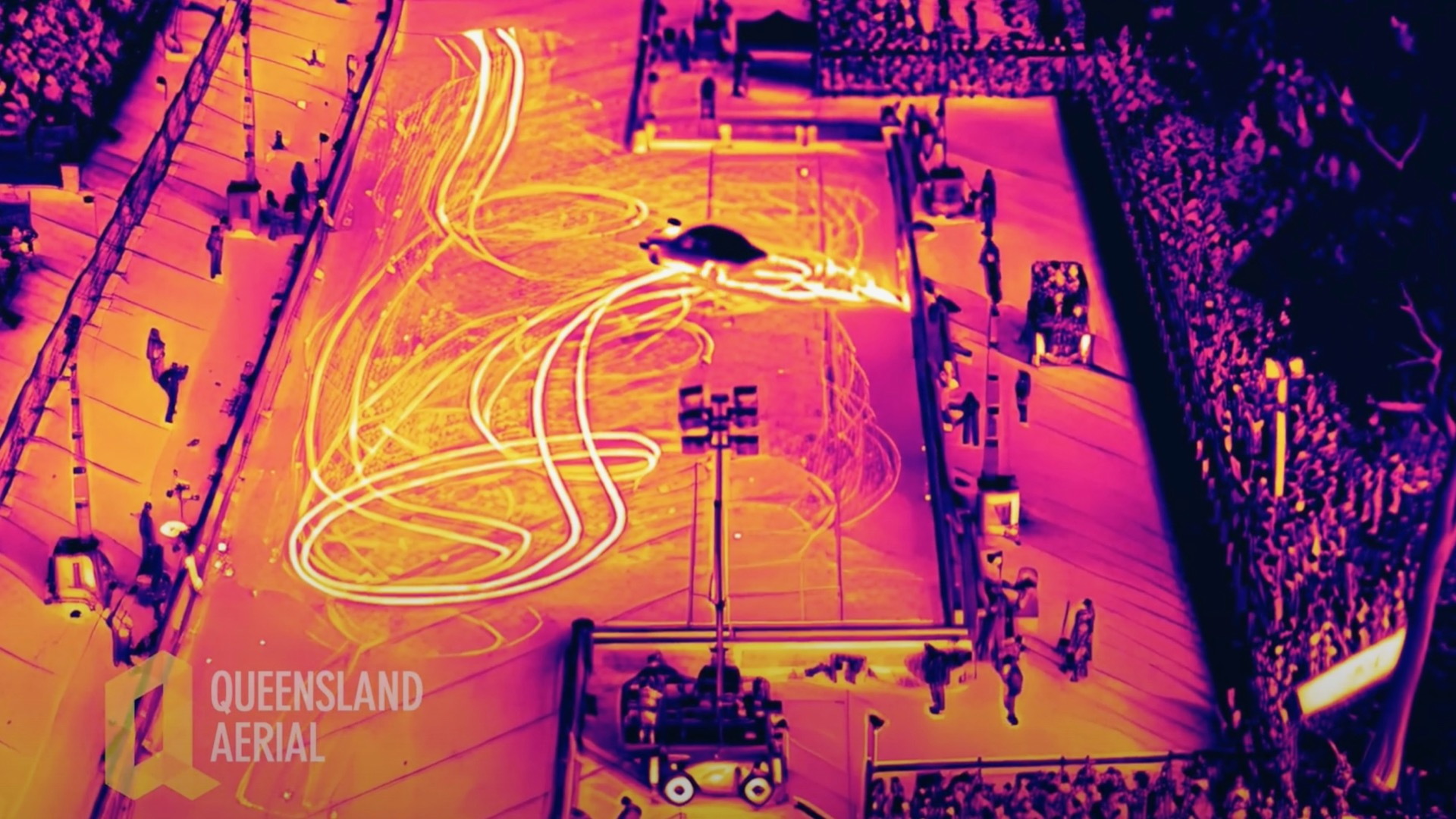 Burnout contest viewed through a thermal-imaging camera
