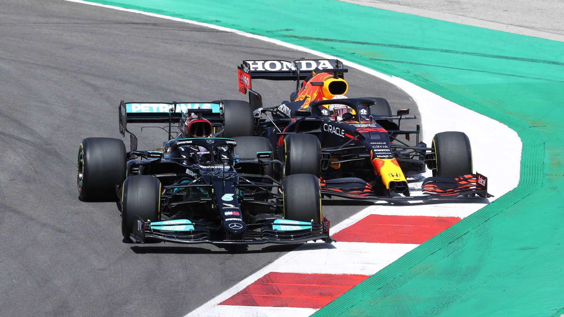 Lewis Hamilton and Max Verstappen at the 2021 Formula One Portuguese Grand Prix