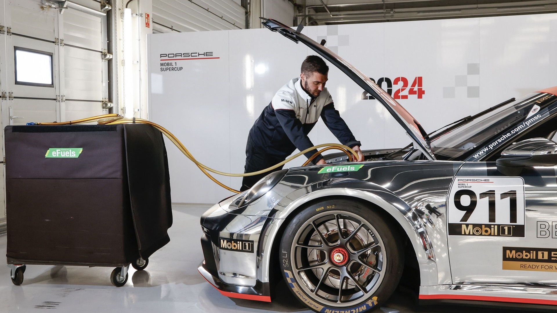 2024 Porsche 911 GT3 Cup race car being filled with e-fuel