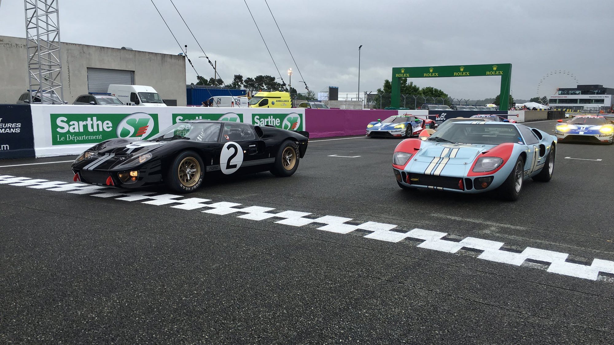 1966 Ford GT40 P1046 at Le Mans, re-creation of 1-2-3 finish, June 2016