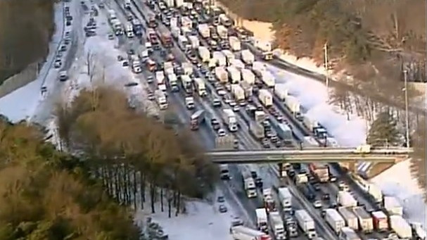 Aerial view of massive traffic snarl during Atlanta's 2014 snow storm, via NBC Charlotte @wcnc
