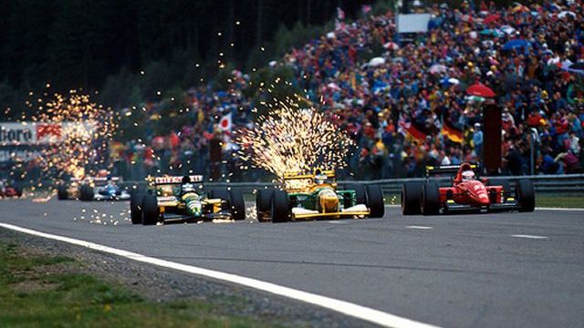 1980s F1 cars throw a shower of sparks