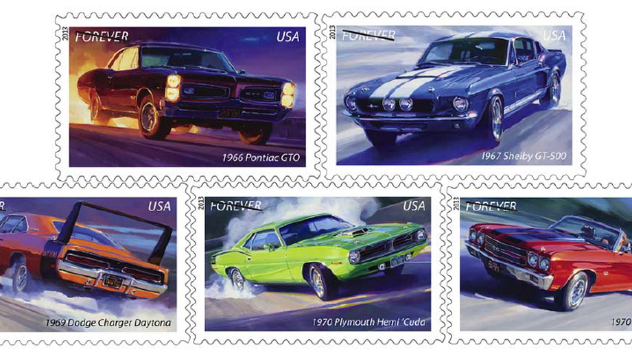 The Muscle Cars Forever stamps, part of the America on the Move series
