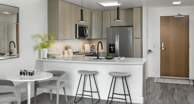 Apartment Kitchen with Stainless Steel Appliances, quartz counters and wood-like floors.